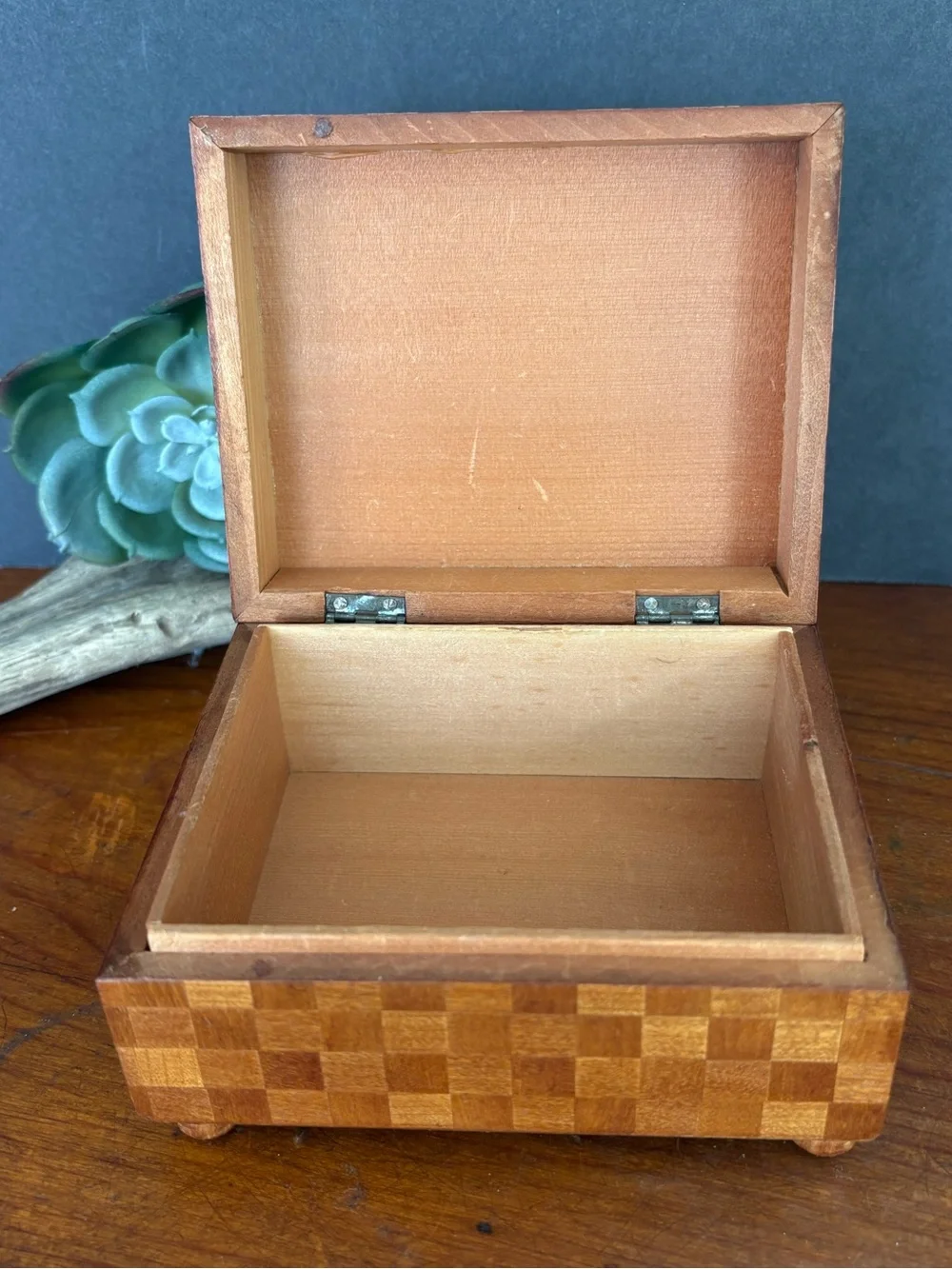 Vintage Marquetry Inlay Wooden Trinket Box With Horse and Rider